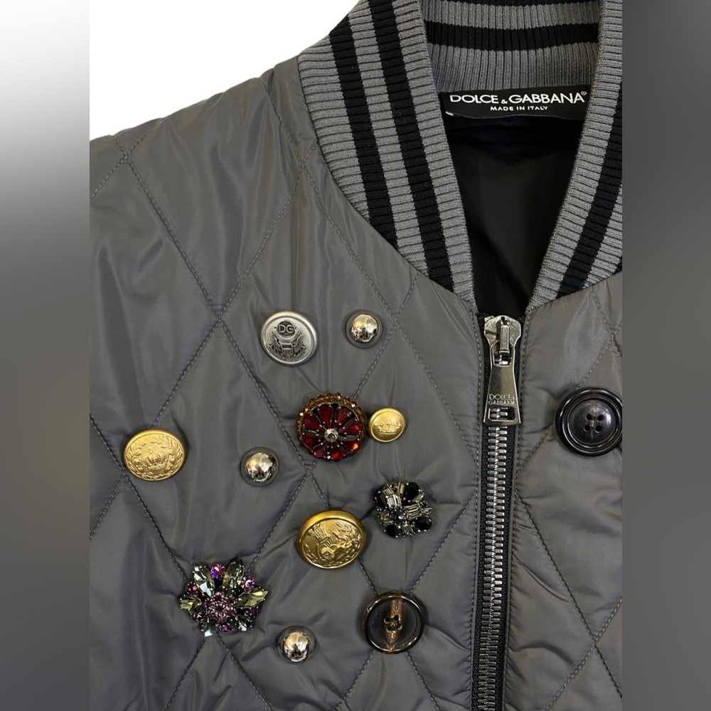 Dolce & Gabbana Embellished Crystal Bomber Jacket Grey Quilted Size S - Picture 7 of 8
